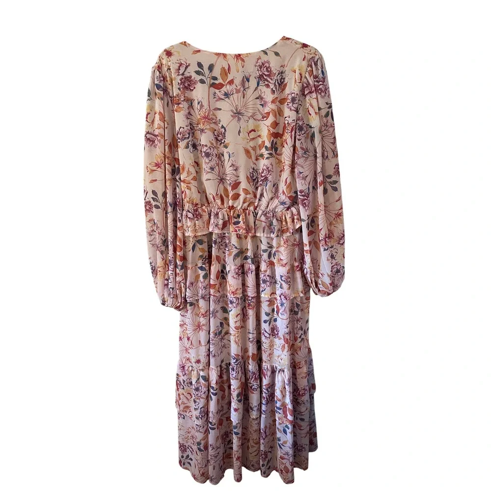 Arula Floral Maxi Dress‎ Long Sleeve Ruffle Tie Front Bohemian Tiered SZ 10 12 - Picture 2 of 5